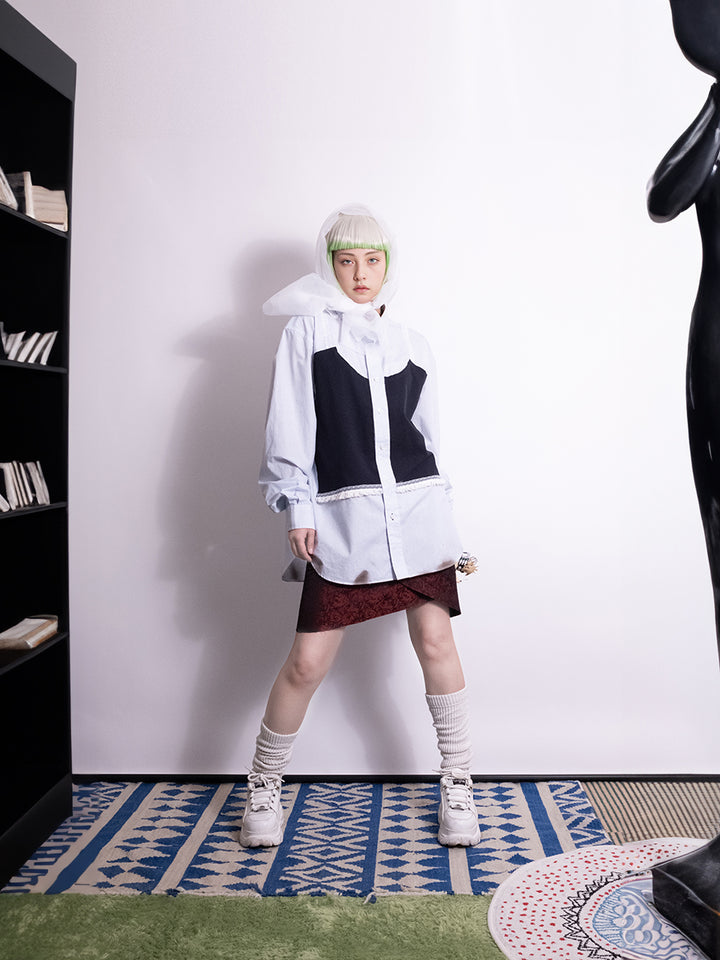 MEOW Lace Overlay Shirt