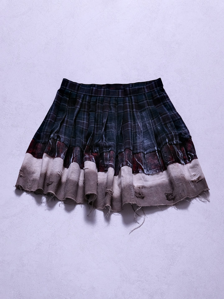 One-of-one upcycled mini skirt, front product shot with multi-layered silhouette and gradient effect