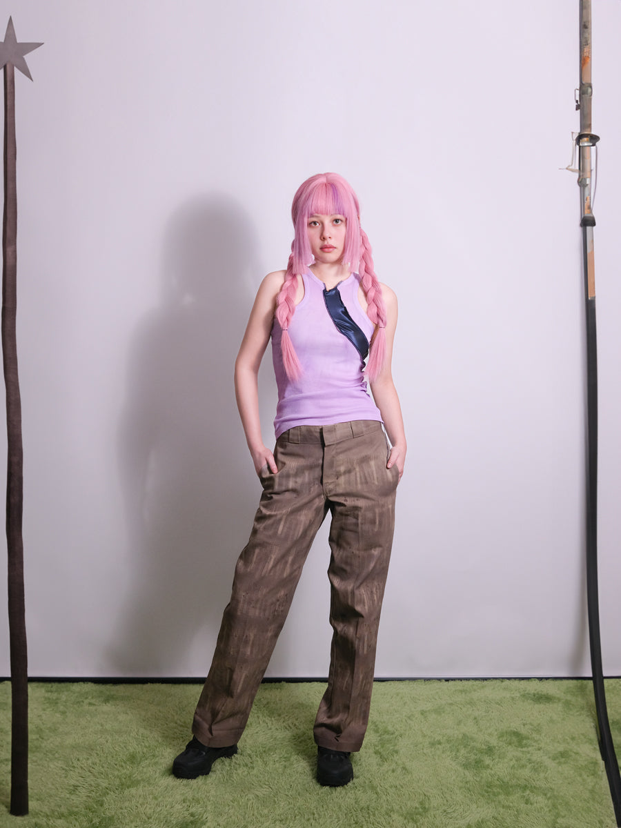 Front view of one-of-one upcycled sleeveless top featuring satin overlay and exposed contrast stitching
