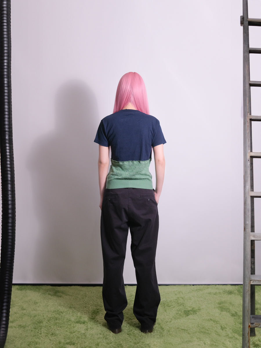 Back view of vintage reworked top detailed with distressed finish throughout
