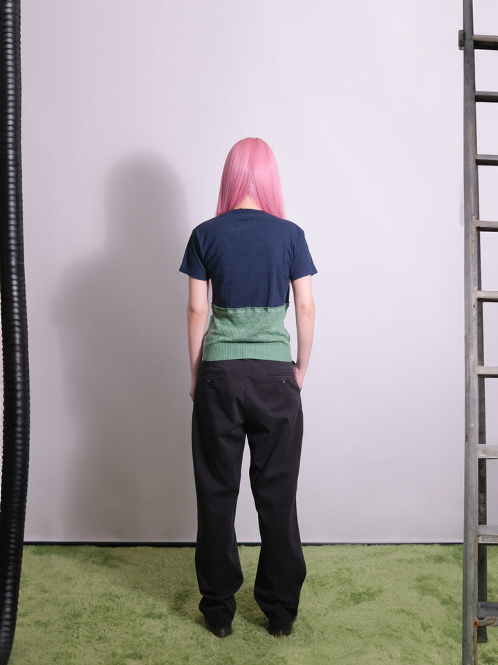 Back view of vintage reworked top detailed with distressed finish throughout
