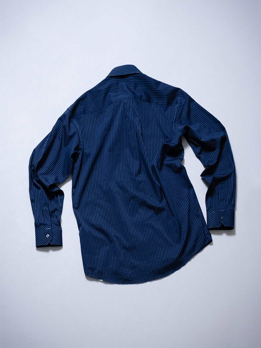 Back product shot of upcycled striped shirt with distressed finish
