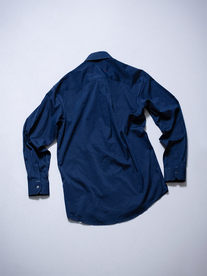 Back product shot of upcycled striped shirt with distressed finish
