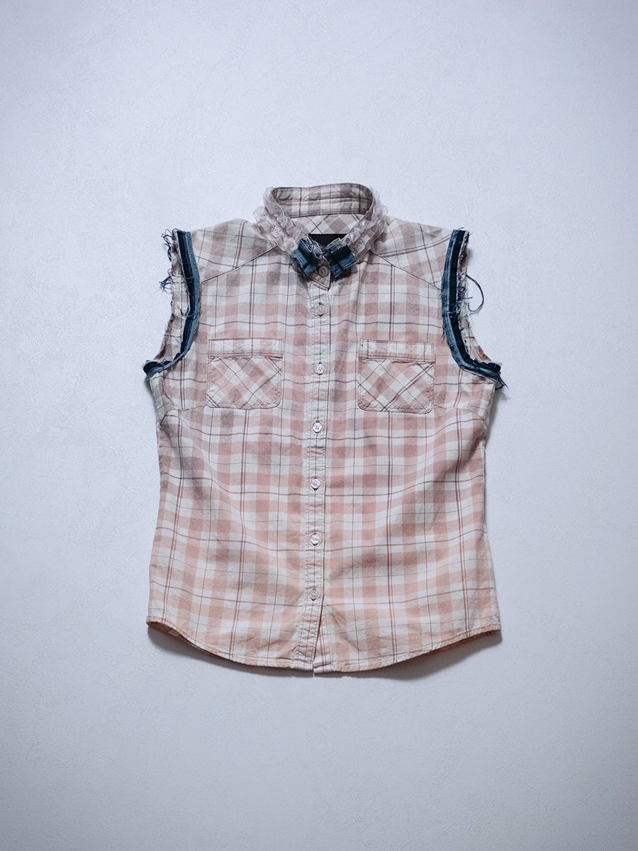 One-of-one upcycled sleeveless shirt, front product shot with denim and lace collar detailing